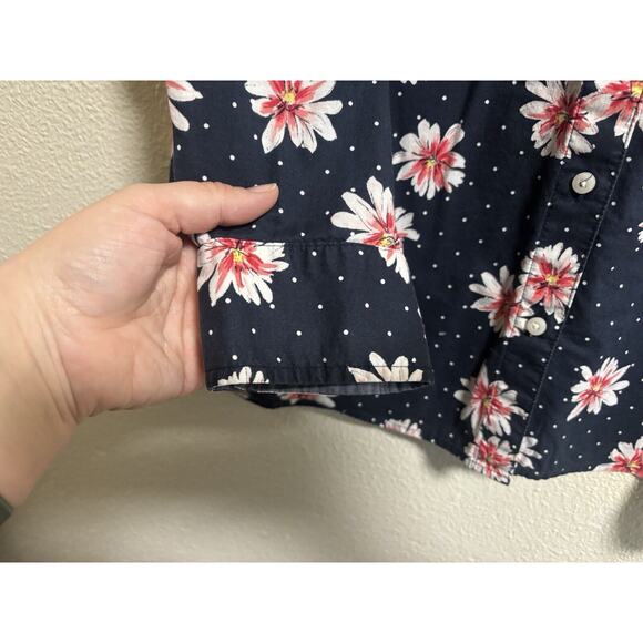 Tommy Hilfiger Womens 1X Button Down Blouse Navy Blue Floral Roll Tab Cotton - Picture 5 of 14